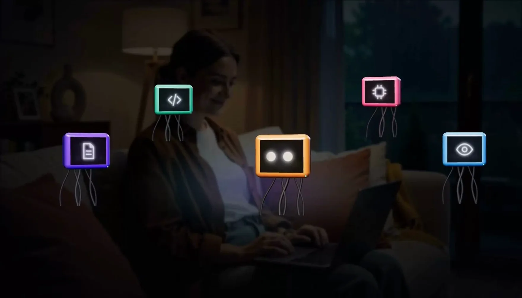 A frame from the VibeBot film: five colourful robots with screens for faces hover around a person with a laptop